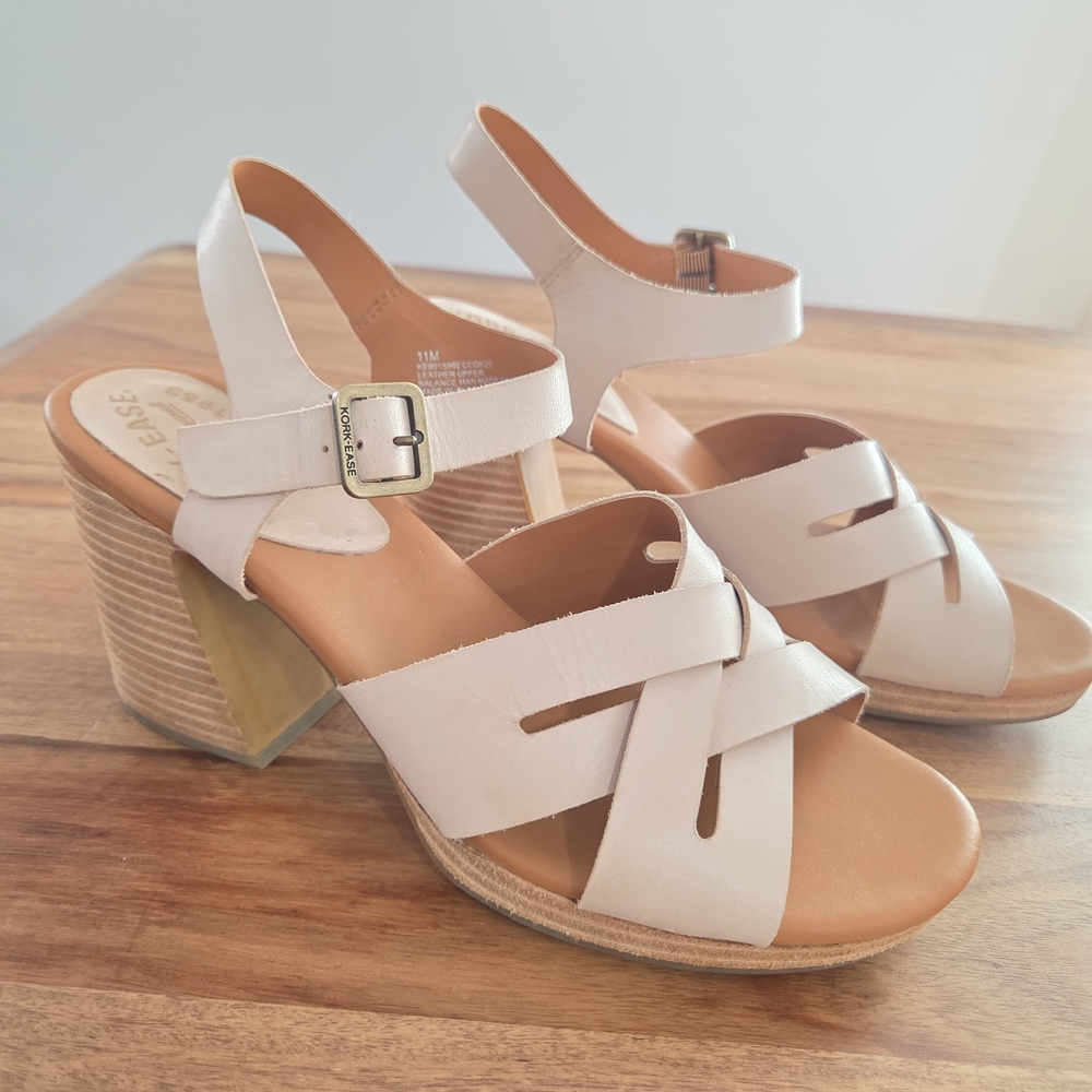 Kork-Ease Hutton Ankle Strap Platform Sandals Sz 11M Beige Leather Chunky Heel